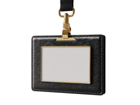 Black Leather ID Badge Holder with Gold Clip and Strap for Access - Powered by Adobe