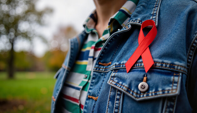 Protester wears red ribbon on denim jacket, outdoor advocacy - Powered by Adobe
