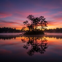 Obraz premium Serene Island Silhouette at Dawn: Fiery Sky Reflected in Misty Lake