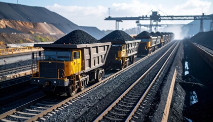 Fototapeta premium Industrial convoy of heavy haul trucks transporting coal on a railway, symbolizing fossil fuel energy and mining.