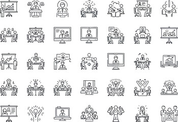 Modern Line Art Icons: Business Meetings, Presentations, and Teamwork Collaboration;  Successful Strategy & Video Conferencing.