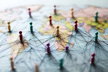 Exploring global connections through a network of digital icons across a world map, network of connections with digital icons over globe