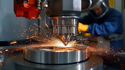 Cnc grinding machine in action smoothing a metal surface with precision with workers in safety gear monitoring the process showcasing the role of CNC in fine tuning industrial parts for final use