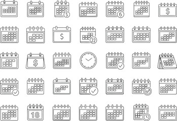 Collection of Minimalist Calendar Icons: Scheduling, Time Management, and Financial Planning Symbols