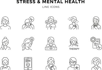 Stress and Mental Health: Diverse Women's Line Icons Set; Calming, Therapeutic, and Empowering Minimalist Vector Graphics for Wellness Websites and Apps.