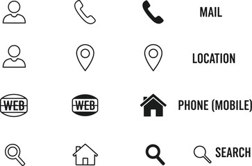 Minimalist Contact & Location Icons: Web, Phone, Mail, Search, Home, User Profile, Location Pin; Black & White Line Art; Modern, Clean Design.