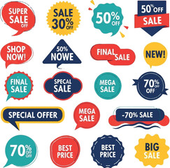 Colorful Vector Collection of Sale and Discount Badges and Stickers for Retail Promotions and Marketing Campaigns