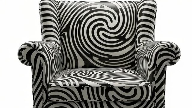 A stylish armchair with a bold black and white zebra swirl pattern, isolated on white background