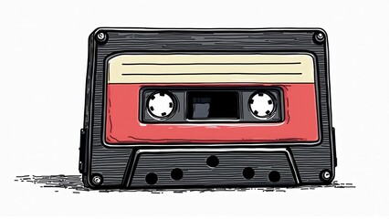 Obraz premium Vibrant hand-drawn illustration of a vintage audio cassette tape, showcasing nostalgia and music.