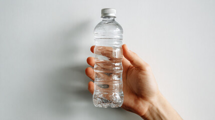 Hand Holding Plastic Water Bottle Against White Wall for Hydration Fitness Product Mock up or Health and Wellness Campaign Visual