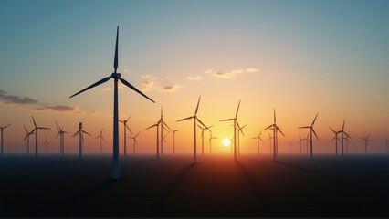 Obraz premium A field of wind turbines silhouettes at sunset creates a sense of clean, sustainable energy sources.