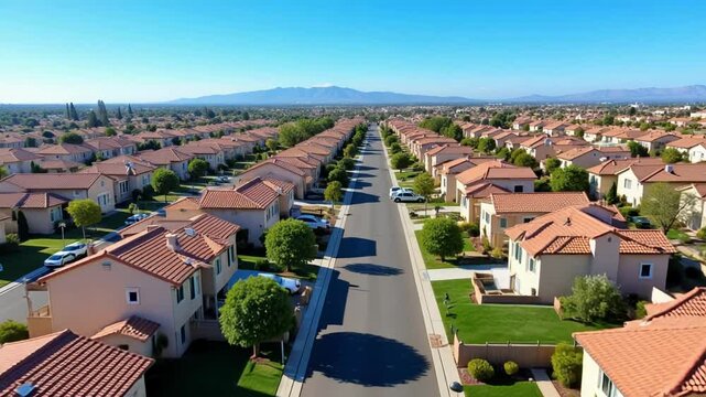 Stunning aerial view of identical suburban homes in sunny Chula Vista, California, showcasing modern middle-class living and community layouts, 4k video footage