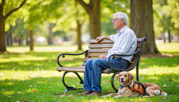 Elderly man seated on park bench with guide dog, companionship in nature
