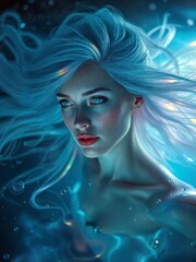 Beautiful woman with blue hair and water drops around her face