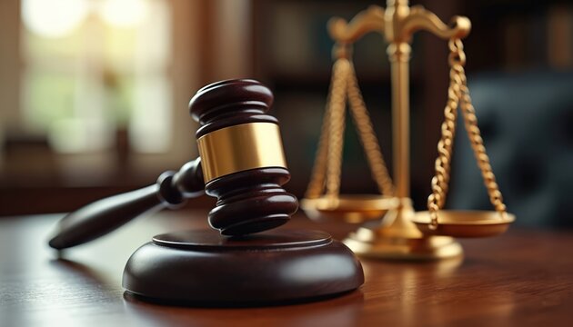 Judge gavel and golden scales of justice on a lawyer desk. Symbolizes law, legal system, court proceedings, and fairness. Represents balance, truth, and the legal profession in office setting.