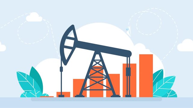 Price increase. Pumpjack on oil price chart, financial data. Oil rig on the background of graphs and charts. Land crude oil drilling rig, derrick, pump jack. Price per barrel. 2d flat animation	