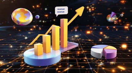 Futuristic 3D Bar Graph and Pie Chart Illustrating Revenue Growth with Global Data Visualization