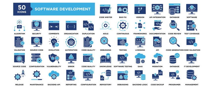 50 Software Development icon set. Containing design technology, computer, development, data, application