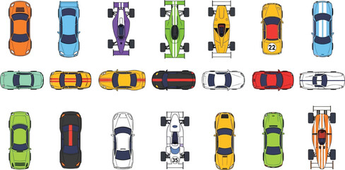 Fototapeta premium Top view cars vector illustration set of different types of vehicles for design and web use
