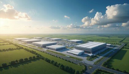 Aerial view of expansive modern industrial complex under clear sunny sky. Large grey buildings with white roofs, surrounded by green fields, roads. Shows development, infrastructure, logistics,