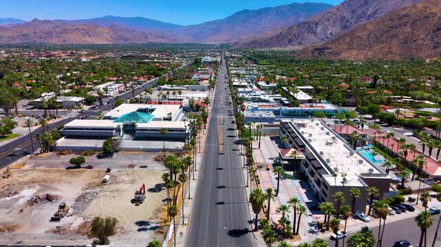 Aerial View of Palm Springs Main Avenue and Mountains