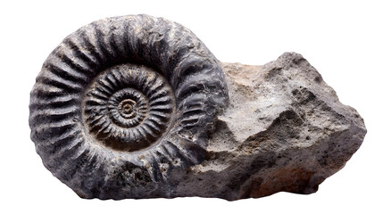 Ammonite fossil in rock matrix, spiraled shell impression, grey rock, isolated on Transparent background