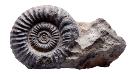 Ammonite fossil in rock matrix, spiraled shell impression, grey rock, isolated on Transparent background