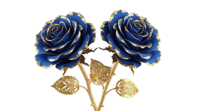 Two luxurious deep blue roses with intricate gold accents and stems isolated on transparent background