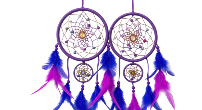 Two decorative dreamcatchers with purple and blue feathers and glowing lights isolated on transparent background