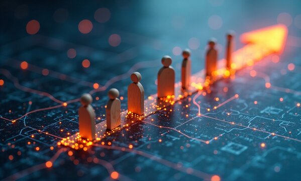 Wooden figures rise on a glowing digital path, illustrating growth, data-driven progress, and technological advancement.