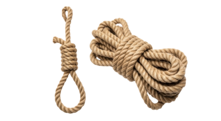 Two views of a thick natural fiber rope one tied into a noose and the other coiled isolated on transparent background