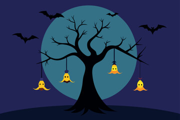 Fototapeta premium tree hanging witch hats brooms bats