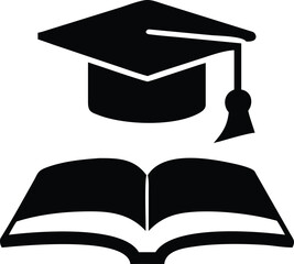 Black Silhouette Illustration of a Graduation Cap Resting Atop an Open Book Design