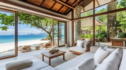 Coastal luxury bungalow with floor to ceiling windows elegant wood and stone textures and an expansive patio leading to a private beach with soft white sand and blue ocean views