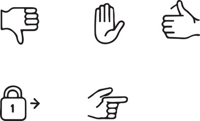 Hand Gesture Icons Set Expressing Approval Denial and Direction with Padlock Illustration isolated on White Background