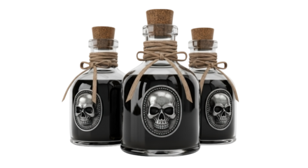 Three antique glass bottles filled with dark liquid and skull labels isolated on transparent background