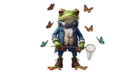 Obraz premium Whimsical anthropomorphic frog dressed in a blue suit holding a net and surrounded by butterflies isolated on transparent background