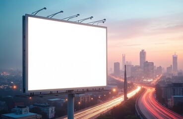 Blank white billboard stands tall in busy city at sunset. Offers ample copy space for brand designs. Dynamic urban landscape with light trails from traffic, soft colors paint the sky.