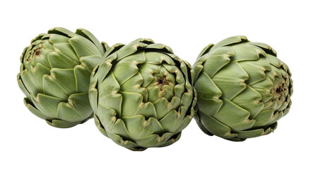 Fototapeta premium Three fresh green artichokes with layered petals and stems isolated on transparent background