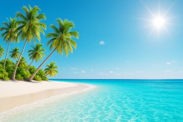 Tropical beach with palm trees and clear turquoise water under bright sun on a sunny day, peaceful seascape background concept..