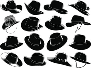 Vintage Hat Vector Collection – Classic Fedora, Cowboy, and Wide-Brim Hats for Fashion Design, Character Styling, and Lifestyle Themes