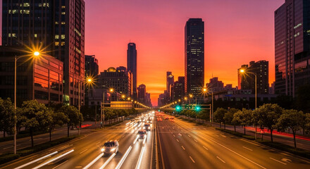 Fototapeta premium Vibrant urban sunset illuminating the rhythmic flow of vehicular traffic in a modern metropolis