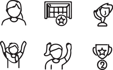 Set of icons related to sports and achievement showcasing teamwork dedication and victory in a minimalist design style