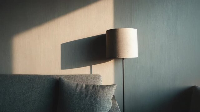 Soft sunlight and shadow play on sofa, cushion, and lamp in calm room