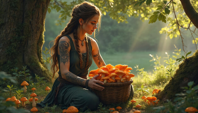 Photorealistic Viking woman foraging chanterelle mushrooms in sunlit oak grove. Features ornate root tattoos, Freya pendant. Historical Norse theme, sustenance, natural harmony with ancient forest