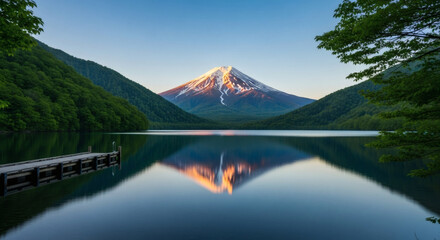 Majestic snow-capped mountain reflecting perfectly in a serene lake at sunrise, a classic view from a peaceful wooden pier.