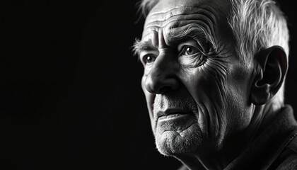 Monochrome portrait captures elderly man face in dramatic detail. Deep wrinkles, expressive eyes convey wisdom, contemplation. Sharp contrast lighting shapes mature features against dark background,