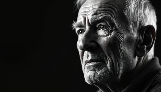 Monochrome portrait captures elderly man face in dramatic detail. Deep wrinkles, expressive eyes convey wisdom, contemplation. Sharp contrast lighting shapes mature features against dark background, - Powered by Adobe