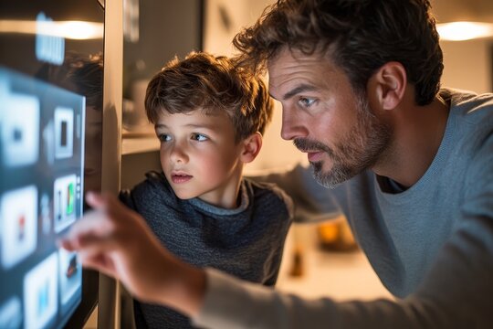 Father showing his son how to operate a smart home system, adjusting lighting, security settings, and heating, promoting the integration of modern technology in everyday life, Generative AI - Powered by Adobe