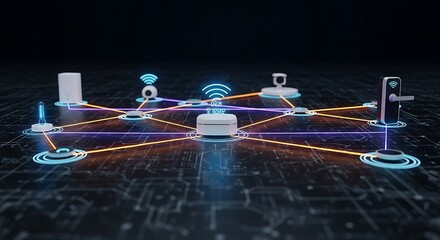 A network of smart home devices connected wirelessly to a central hub, illustrating the concept of the Internet of Things and home automation.